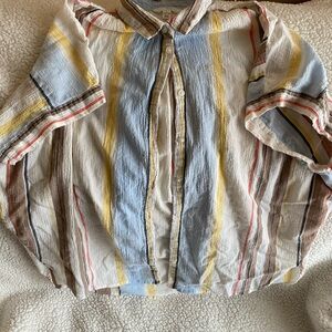 Lightweight Striped Button-Front Top in Blue, Yellow & Cream